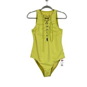 Jets Australia Tie Front Plunge Chartreuse Swimsuit Size USA 12 Fully Lined NWT